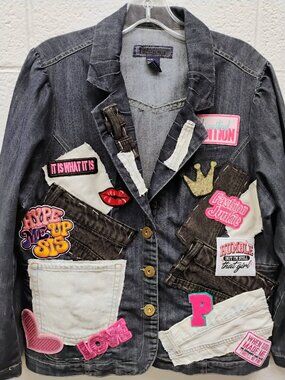 Thrifted, dry cleaned and designed size 14/16 denim on denim blazer with patches